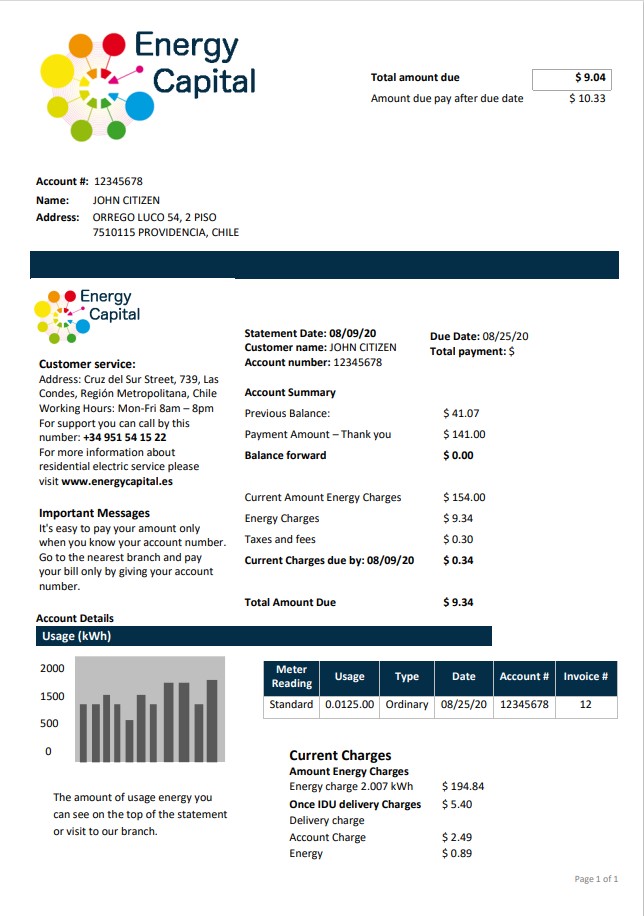 Chile Energy Capital utility bill